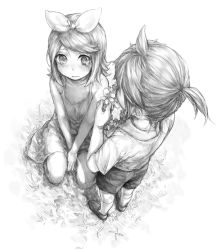 Rule 34 | 1boy, 1girl, bad id, bad pixiv id, blush, brother and sister, comforting, feeno, flower, flower bracelet, from above, greyscale, hair ribbon, kagamine len, kagamine rin, monochrome, ponytail, ribbon, short hair, siblings, sitting, standing, tears, traditional media, twins, v arms, vocaloid, wavy mouth