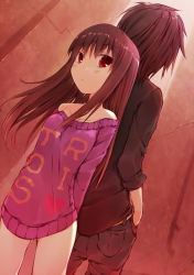 Rule 34 | 1boy, 1girl, back-to-back, dress shirt, heart, hoshikuzu, long hair, original, shirt, standing, sweater