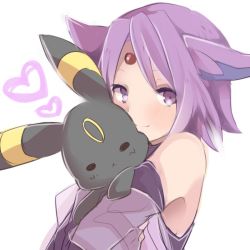 Rule 34 | 1girl, animal ears, blush, creatures (company), doll, hugging doll, espeon, facial mark, forehead mark, game freak, gen 2 pokemon, heart, looking at viewer, nintendo, hugging object, personification, pokemon, pokemon (creature), purple eyes, purple hair, short hair, smile, umbreon, white background, zinpati