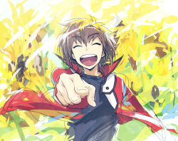 Rule 34 | 1boy, black shirt, brown hair, closed eyes, dappled sunlight, facing viewer, field, flower, flower field, happy, jacket, leaf, moribuden, open clothes, open jacket, open mouth, outdoors, outstretched arm, pointing, popped collar, red jacket, shirt, sunflower, sunflower field, sunlight, yu-gi-oh!, yu-gi-oh! gx, yuki judai