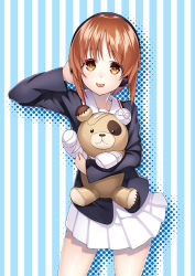 Rule 34 | 10s, 1girl, :p, bandages, boko (girls und panzer), brown eyes, brown hair, cowboy shot, girls und panzer, halftone, holding, holding stuffed toy, long sleeves, looking at viewer, nishizumi miho, pleated skirt, school uniform, serafuku, short hair, skirt, solo, striped, striped background, stuffed animal, stuffed toy, teddy bear, tongue, tongue out, unowen
