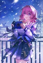 Rule 34 | 1girl, :d, absurdres, black gloves, blue eyes, blue jacket, blue skirt, breasts, camera, city, commentary request, cowboy shot, gloves, hair between eyes, hair intakes, highres, holding, holding camera, honkai: star rail, honkai (series), jacket, long sleeves, looking at viewer, march 7th (honkai: star rail), medium breasts, medium hair, miniskirt, open mouth, outdoors, pink hair, shengfang sama, shirt, skirt, smile, snowing, solo, standing