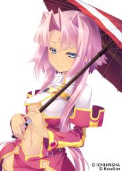 Rule 34 | 1girl, absurdres, blue eyes, breasts, center opening, cleavage, detached sleeves, dress, female focus, highres, hikage eiji, koihime musou, long hair, navel, oil-paper umbrella, pink hair, smile, solo, sonken, thighhighs, transparent background, umbrella, zettai ryouiki