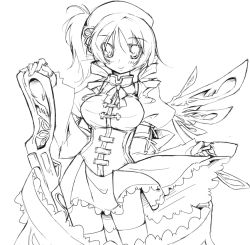 10s 1girl bad_id bad_pixiv_id breasts drill_hair endou_chihiro female_focus greyscale gun lineart looking_at_viewer magical_girl magical_musket mahou_shoujo_madoka_magica mahou_shoujo_madoka_magica_(anime) monochrome skirt smile solo tomoe_mami tomoe_mami_(magical_girl) twin_drills twintails weapon