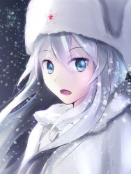 Rule 34 | 10s, 1girl, absurdres, bad id, bad pixiv id, blue eyes, coat, fur hat, hammer and sickle, hat, hibiki (kancolle), highres, kantai collection, lips, long hair, open mouth, personification, silver hair, snowing, solo, star (symbol), tebi (tbd11), ushanka, verniy (kancolle)