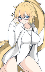 Rule 34 | &gt;:), 1girl, absurdres, arm up, bare legs, barefoot, black-framed eyewear, blonde hair, blue eyes, blush, closed mouth, competition swimsuit, fate/grand order, fate (series), glasses, hair between eyes, high ponytail, highres, hood, hood down, hooded jacket, jacket, jeanne d&#039;arc (fate), jeanne d&#039;arc (ruler) (fate), jeanne d&#039;arc (swimsuit archer) (fate), jeanne d&#039;arc (swimsuit archer) (second ascension) (fate), kneeling, long hair, moyoron, one-piece swimsuit, open clothes, open jacket, ponytail, simple background, sketch, sleeves past wrists, smile, solo, sparkle, swimsuit, v-shaped eyebrows, very long hair, whistle, whistle around neck, white background, white jacket, white one-piece swimsuit