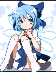 Rule 34 | 1girl, blue dress, blue eyes, blue hair, bow, cirno, do (4-rt), dress, fingers together, hair bow, highres, ice, ice wings, letterboxed, looking at viewer, matching hair/eyes, md5 mismatch, open mouth, puffy sleeves, resolution mismatch, shirt, short sleeves, sitting, solo, source smaller, tears, touhou, wings