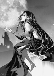 Rule 34 | 1girl, armor, backless outfit, bare shoulders, black hair, boots, castlevania (series), castlevania: order of ecclesia, dress, goth fashion, greyscale, high heels, konami, long hair, monochrome, moon, muse (rainforest), shanoa, shoes, solo, thigh boots, thighhighs, very long hair