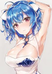 Rule 34 | 1girl, absurdres, armpits, arms up, azur lane, bad id, bad pixiv id, bare arms, bare shoulders, blue hair, blush, bow, braid, breasts, china dress, chinese clothes, cleavage, cleavage cutout, closed mouth, clothing cutout, commentary request, dress, floral print, grey background, hair between eyes, hair bow, hair ribbon, head tilt, highres, large breasts, print dress, purple eyes, ribbon, rose print, simple background, sleeveless, sleeveless dress, solo, st. louis (azur lane), st. louis (blue and white pottery) (azur lane), white bow, white dress, white ribbon, yayoichi (yoruyoru108)