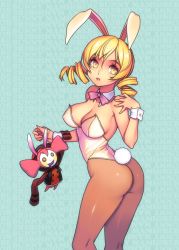 Rule 34 | 10s, 1girl, animal ears, ass, blonde hair, breasts, brown pantyhose, charlotte (madoka magica), cleavage, detached collar, drill hair, drooling, fake animal ears, from behind, hand on own shoulder, hanging on arm, large breasts, leotard, looking back, mahou shoujo madoka magica, mahou shoujo madoka magica (anime), pantyhose, parted lips, playboy bunny, rabbit ears, rabbit tail, revision, solo, tail, tomoe mami, twin drills, twisted torso, wrist cuffs, yellow eyes, yuksi