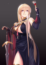 Rule 34 | 1girl, aiguillette, alcohol, alternate costume, azur lane, bare shoulders, bismarck (azur lane), bismarck (beacon of the iron blood) (azur lane), black dress, black gloves, blonde hair, blue eyes, breasts, chinese commentary, commentary request, cup, dress, drinking glass, elbow gloves, epaulettes, fingerless gloves, gloves, grey background, gt-apex, hair between eyes, hand up, highres, holding, holding cup, large breasts, lips, long hair, looking away, medal, medallion, parted lips, sidelocks, simple background, smile, solo, standing, sword, very long hair, weapon, wine, wine glass
