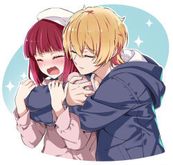 1girl arima_kana beret blonde_hair blush bob_cut closed_eyes closed_mouth grabbing_another&#039;s_arm hair_between_eyes hat hoshino_aquamarine hug hug_from_behind inverted_bob jacket nyoro_(nyoronyoro000) open_mouth oshi_no_ko red_eyes red_hair shirt short_hair simple_background sweater white_shirt