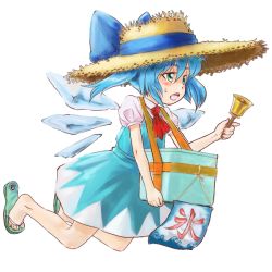 Rule 34 | 1girl, alternate hairstyle, ascot, barefoot, bell, blue dress, blue eyes, blue hair, bow, box, cirno, dress, flying, full body, hair bow, hat, ice, matching hair/eyes, note-takahashi, sandals, short hair, solo, straw hat, sun hat, sweat, takahashi note, touhou, transparent background, twintails, wings