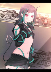 Rule 34 | 1girl, nanashi inc., absurdres, asymmetrical gloves, belt, belt bra, black gloves, black hair, black jacket, black skirt, blue belt, blue hair, blue panties, blush, chest belt, closed mouth, clothing cutout, commentary request, cowboy shot, cropped jacket, demon girl, demon horns, demon tail, fang, fang out, flat chest, garter straps, gloves, graffiti, grey horns, grey skirt, highleg, highleg panties, highres, horns, jacket, lanigiro, layered skirt, letterboxed, long hair, long sleeves, looking at viewer, midriff, multicolored hair, navel, open clothes, open jacket, panties, partially fingerless gloves, pointy ears, red eyes, shishio chris, shoulder cutout, skirt, smile, solo, sugar lyric, tail, two-tone hair, underwear, virtual youtuber, zipper, zipper skirt