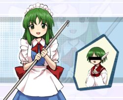 Rule 34 | 2girls, android, apron, ascot, back bow, bar censor, blouse, blue dress, bow, broom, censored, collared shirt, commentary request, dress, frilled dress, frills, green eyes, green hair, happy, holding, holding broom, kaigen 1025, long sleeves, looking at viewer, maid, maid apron, maid headdress, multi (to heart), multiple girls, open mouth, own hands clasped, own hands together, phantasmagoria of dim.dream, puffy short sleeves, puffy sleeves, red ascot, red bow, red sailor collar, robot ears, sailor collar, school uniform, serafuku, shirt, short hair, short sleeves, to heart, to heart (series), touhou, touhou (pc-98), white shirt