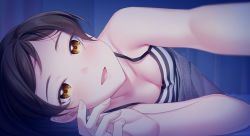 Rule 34 | 1girl, bare shoulders, blush, breasts, brown eyes, cleavage, collarbone, downblouse, idolmaster, idolmaster million live!, kitazawa shiho, long hair, looking at viewer, lying, medium breasts, no bra, on side, open mouth, parted bangs, shirt, smile, solo, striped clothes, striped shirt, tank top, touon, under covers