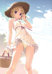 Rule 34 | 1girl, absurdres, bag, bare shoulders, blue sky, bracelet, breasts, brown hair, buttons, cloud, cloudy sky, collarbone, day, dress, hand up, handbag, hat, highres, holding, jewelry, koutaro, looking at viewer, medium breasts, open mouth, original, outdoors, panties, pantyshot, purple eyes, scan, short hair, sky, sleeveless, solo, straw hat, underwear, upskirt, yellow panties