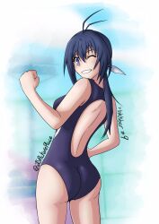 Rule 34 | 1girl, absurdres, antenna hair, artist name, ass, blue eyes, blue hair, blush, breasts, clenched hand, highres, inktober, jspictureplace, kaminashi nozomi, keijo!!!!!!!!, looking at viewer, looking back, one-piece swimsuit, one eye closed, pool, poolside, ribbon, smile, swimsuit, thighs, twitter username, white ribbon