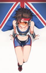 Rule 34 | 1girl, absurdres, bad id, bad pixiv id, brown hair, chest harness, earrings, england, female focus, flag, from above, full body, harness, highres, jewelry, looking at viewer, nail polish, orange-tinted eyewear, orange-tinted glasses, overwatch, overwatch 1, short hair, short shorts, shorts, simple background, sitting, solo, spiked hair, stomach, sunglasses, tinted eyewear, tracer (overwatch), union jack, visor