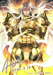 Rule 34 | 1boy, aion kiu, armor, artist name, cape, crossed arms, dated, gauntlets, gold armor, grey eyes, grin, long hair, looking at viewer, male focus, muscular, muscular male, saint seiya, shoulder spikes, smile, spikes, standing, taurus aldebaran, thick eyebrows, white cape, white hair