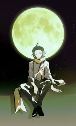 Rule 34 | 1boy, a d chi, belt, black footwear, black hair, black pants, closed eyes, closed mouth, full body, hair slicked back, highres, male focus, mochizuki ryouji, night, outdoors, pants, persona, persona 3, persona 3 reload, scarf, shirt, short hair, signature, sitting, solo, white shirt, yellow scarf