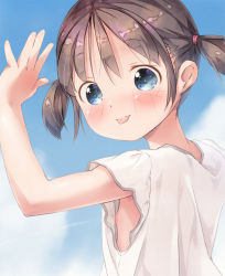 Rule 34 | 1girl, :p, arm up, blue eyes, blue sky, blush, brown hair, closed mouth, cloud, commentary request, day, flat chest, hair between eyes, looking at viewer, looking to the side, nipple slip, nipples, no bra, original, outdoors, pu-en, shirt, short sleeves, short twintails, sky, smile, solo, tongue, tongue out, twintails, upper body, white shirt
