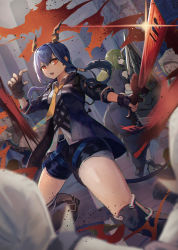 Rule 34 | 2girls, action, arknights, black gloves, black pants, blue hair, blue jacket, blue shorts, blurry, breasts, building, ch&#039;en (arknights), city, collared shirt, commentary, cowboy shot, depth of field, dragon horns, dragon tail, dress shirt, fingerless gloves, glint, gloves, green hair, hannya (arknights), highres, holding, holding shield, holding sword, holding weapon, hood, horns, hoshiguma (arknights), jacket, knee guards, long hair, looking at another, looking at viewer, looking back, mannouyakunta, mask, medium breasts, medium hair, multiple girls, necktie, open clothes, open jacket, open mouth, orange neckwear, outdoors, pants, red eyes, reunion soldier (arknights), shield, shirt, short shorts, shorts, silhouette, skin-covered horns, skyscraper, solo focus, sword, tail, thighs, twintails, weapon, white shirt, wing collar