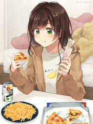 Rule 34 | 1girl, :t, blurry, blurry background, brown hair, champagne flute, cup, drinking glass, eating, food, french fries, green eyes, highres, holding, holding food, indoors, long hair, nail polish, original, pizza, setu kurokawa, solo, strong zero