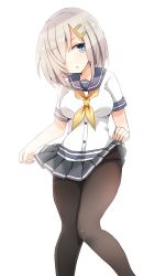 Rule 34 | 1girl, black pantyhose, blue eyes, blue sailor collar, blush, breasts, clothes lift, feet out of frame, full body, grey skirt, hair ornament, hair over one eye, hairclip, hamakaze (kancolle), head tilt, highres, kantai collection, lifted by self, looking at viewer, mazeru (jisjifin), medium breasts, neckerchief, pantyhose, parted lips, pleated skirt, sailor collar, school uniform, serafuku, short hair, short sleeves, silver hair, simple background, skirt, skirt lift, solo, standing, white background, yellow neckerchief