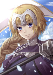 Rule 34 | 1girl, blonde hair, blue eyes, braid, breasts, capelet, chain, fate/grand order, fate (series), flag, flagpole, gauntlets, headpiece, jeanne d&#039;arc (fate), jeanne d&#039;arc (ruler) (fate), large breasts, long hair, looking at viewer, smile, solo, sumomo7317, upper body