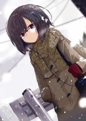 Rule 34 | 1girl, bag, black hair, blue eyes, bob cut, coat, crie, dutch angle, earbuds, earphones, glasses, gloves, guard rail, hand in pocket, looking at viewer, mittens, plaid, red-framed eyewear, scarf, school bag, short hair, snow, snowing, solo, sukima (crie), toggles