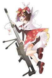 Rule 34 | 1girl, anti-materiel rifle, arm warmers, ass, bike shorts, bow, bright pupils, brown hair, fpanda, girls&#039; frontline, gun, hair bow, highres, looking at viewer, m99 (girls&#039; frontline), purple eyes, red bow, red skirt, rifle, shoes, short hair, shorts, shorts under skirt, skirt, sniper rifle, solo, stuffed animal, stuffed rabbit, stuffed toy, two-sided fabric, two-sided skirt, weapon, white background, zijiang m99