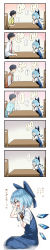 Rule 34 | 1boy, 1girl, absurdres, age progression, asutora, blue eyes, blue hair, cirno, duplicate, highres, ice, ice wings, long image, looking at another, medium hair, skirt, table, tall image, touhou, translated, wings