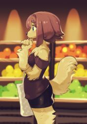 Rule 34 | 1girl, :o, animal ear piercing, animal ears, animal nose, arm under breasts, bag, black shorts, blue eyes, blurry, blurry background, bob cut, body fur, bone print, breasts, claws, dog ears, dog girl, dog tail, from side, furry, furry female, highres, koucha inu, original, profile, shop, shopping bag, short shorts, shorts, solo, standing, strapless, tail, yellow fur