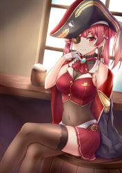 Rule 34 | 1girl, beer mug, black hat, breasts, brown thighhighs, cleavage, closed mouth, commentary request, covered navel, crossed legs, cup, eyepatch, gloves, hat, hololive, houshou marine, leotard, leotard under clothes, looking at viewer, medium breasts, mug, muwa12, pirate hat, red eyes, red hair, red skirt, see-through, see-through cleavage, see-through leotard, short hair, sitting, skirt, smile, solo, thighhighs, virtual youtuber, white gloves