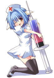 Rule 34 | 00s, 1girl, animal ears, blue hair, blush, dress, galaxy angel, happy, hat, kneeling, looking at viewer, mint blancmanche, nurse, nurse cap, one eye closed, oversized object, puffy sleeves, rabbit ears, sandals, short dress, short hair, simple background, solo, syringe, thighhighs, white background, wink, yellow eyes, zettai ryouiki