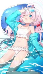 Rule 34 | 1girl, ahoge, arm up, armpits, barefoot, bikini, bikini under clothes, blue archive, blue eyes, blue jacket, breasts, eyewear on head, feet, flat chest, groin, hair bobbles, hair ornament, halo, highres, hoshino (blue archive), hoshino (swimsuit) (blue archive), inflatable toy, inflatable whale, jacket, long hair, lying, navel, off shoulder, on back, one eye closed, open clothes, open jacket, open mouth, partially submerged, pink hair, sho bu 1116, small breasts, smile, solo, sunglasses, swimsuit, thighs, toes, twintails, water, white bikini