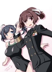 Rule 34 | 2girls, 547th sy, alternate costume, black hair, black jacket, black one-piece swimsuit, black pants, breasts, brown eyes, brown hair, collarbone, competition school swimsuit, covered navel, dated, green eyes, hair ribbon, ise (kancolle), jacket, kantai collection, large breasts, military uniform, multiple girls, one-piece swimsuit, pants, ponytail, ribbon, school swimsuit, short hair, simple background, souryuu (kancolle), swimsuit, twintails, twitter username, uniform, white background