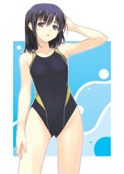 Rule 34 | 1girl, :o, arm up, bare arms, bare shoulders, black hair, blue hair, breasts, collarbone, competition swimsuit, cowboy shot, dasoku sentarou, ellesse, hair between eyes, legs, looking at viewer, medium breasts, one-piece swimsuit, open mouth, outline, purple eyes, purple hair, solo, standing, swimsuit, white outline