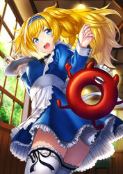 Rule 34 | 1girl, abyssal ship, adapted costume, alternate costume, apron, black neckerchief, blonde hair, blue dress, blue eyes, breasts, coffee, collared shirt, commentary request, dress, enemy lifebuoy (kancolle), enmaided, fangs, gambier bay (kancolle), garter straps, glass, hair between eyes, hairband, holding, indoors, kantai collection, large breasts, lifebuoy, light, long hair, long sleeves, maid, maid apron, maid headdress, neckerchief, open mouth, puffy long sleeves, puffy sleeves, shirt, sliding doors, smile, swim ring, thighhighs, tray, tree, twintails, unowen, waist apron, waitress, white apron, white shirt, white thighhighs