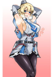 Rule 34 | 1girl, absurdres, anchor, armpits, black gloves, black pantyhose, blonde hair, blue eyes, blue necktie, braid, breasts, capelet, colorado (kancolle), commentary request, cowboy shot, dress, elbow gloves, garrison cap, gloves, gradient background, grey dress, hat, headgear, highres, kantai collection, large breasts, looking at viewer, necktie, pantyhose, pleated dress, red background, sangyou haikibutsu a, shirt, short hair, side braids, sideboob, sleeveless, solo, standing, steam, white background, white shirt