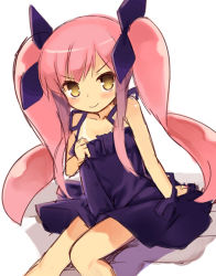 Rule 34 | &gt;:), 1girl, arm support, bare arms, bare shoulders, blush, brown eyes, closed mouth, dress, hair ribbon, kousaka alice, kurasuke, long hair, looking at viewer, pink hair, purple dress, purple ribbon, ribbon, simple background, sitting, sketch, sleeveless, sleeveless dress, smile, solo, suigetsu, twintails, v-shaped eyebrows, very long hair, white background