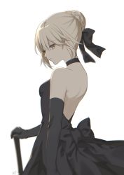 Rule 34 | 1girl, artoria pendragon (all), artoria pendragon (fate), backless dress, backless outfit, black bow, black choker, black dress, black gloves, blurry, blurry background, bow, braid, braided bun, breasts, choker, closed mouth, dress, elbow gloves, fate/stay night, fate (series), from side, gloves, hair between eyes, hair bow, hair bun, hand on hilt, highres, oshage (osyage921), saber alter, short hair, silver hair, simple background, sleeveless, sleeveless dress, small breasts, solo, standing, strapless, strapless dress, white background, yellow eyes