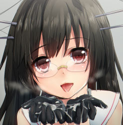 Rule 34 | 10s, 1girl, after fellatio, black gloves, black hair, blush, choukai (kancolle), cum, cum on clothes, cum on gloves, cum on hands, cupping hands, face, glasses, gloves, headgear, kantai collection, keita (tundereyuina), long hair, looking at viewer, own hands together, red eyes, solo, tongue, tongue out