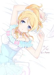 Rule 34 | 10s, 1girl, :o, ayase eli, bad id, bad twitter id, bare shoulders, birthday, blonde hair, blue eyes, blush, bow, character name, choker, dress, earrings, frills, hair ornament, hair scrunchie, high heels, jewelry, love live!, love live! school idol festival, love live! school idol project, lying, mei (maysroom), nail polish, pink bow, ponytail, scrunchie, solo, strapless, strapless dress