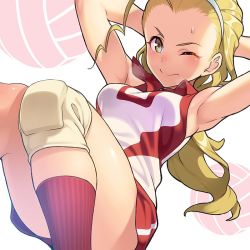 Rule 34 | 10s, 1girl, armpits, arms behind back, bad id, bad twitter id, ball, blonde hair, brown eyes, closed mouth, exercising, girls und panzer, hair pulled back, hairband, knee pads, legs, long hair, one eye closed, pairan, red shirt, red shorts, red socks, sasaki akebi, shirt, short shorts, shorts, sit-up, sleeveless, sleeveless shirt, smile, socks, solo, sportswear, v-shaped eyebrows, volleyball (object), volleyball uniform, white hairband