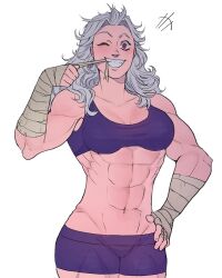 Rule 34 | 1girl, abs, dorohedoro, grey hair, grin, hand wraps, highres, messy hair, muscular, muscular female, noi (dorohedoro), one eye closed, pen.lilixeesketche, red eyes, smile, solo