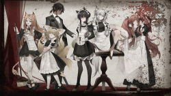Rule 34 | 1boy, 5girls, absurdres, alternate costume, angelina (arknights), animal ears, apron, archetto (arknights), arknights, black bow, black bowtie, black choker, black dress, black footwear, black hair, black jacket, black pants, black pantyhose, black umbrella, blonde hair, blue eyes, bow, bowtie, braid, braided hair rings, breasts, broom, brown eyes, brown hair, butler, cake, candle, choker, closed mouth, closed umbrella, commentary, crossed bangs, dark-skinned male, dark skin, dated commentary, dress, enmaided, food, formal, fox ears, fox girl, fox tail, frilled apron, frilled dress, frills, full body, gloves, gold footwear, green eyes, grey eyes, grey hair, grey vest, hair between eyes, hair ornament, hair ribbon, hair rings, hairclip, hand on own hip, heterochromia, high heels, highres, holding, holding candle, holding cloth, holding suitcase, holding tray, holding umbrella, jacket, juliet sleeves, kitsune, knee up, kyuubi, lappland (arknights), lion ears, lion girl, lion tail, long hair, long sleeves, looking at viewer, maid, maid apron, maid headdress, male focus, medium breasts, medium dress, messy hair, multiple girls, multiple tails, one eye closed, open mouth, orange eyes, pants, pantyhose, plate, pocket watch, ponytail, puffy short sleeves, puffy sleeves, red eyes, ribbon, shirt, shoes, short dress, short hair, short sleeves, sidelocks, sitting, sitting on table, skirt hold, standing, strawberry shortcake, suit, suit jacket, suitcase, suyi-j, suzuran (arknights), tail, texas (arknights), thighhighs, thorns (arknights), tray, twin braids, twintails, umbrella, very long hair, vest, waistcoat, watch, white apron, white gloves, white headdress, white headwear, white pantyhose, white ribbon, white shirt, white thighhighs, wolf ears, wolf girl, wolf tail, zettai ryouiki