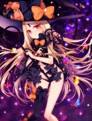 Rule 34 | 1girl, abigail williams (fate), abigail williams (second ascension) (fate), asymmetrical legwear, black bow, black hat, black panties, black thighhighs, blonde hair, blush, bow, bug, butterfly, closed mouth, commentary request, fate/grand order, fate (series), fingernails, glint, hat, hat bow, head tilt, heart, highres, holding, holding key, insect, key, keyhole, knees together feet apart, leaning forward, long hair, looking at viewer, navel, orange bow, orii (fsgp5252), oversized object, panties, parted bangs, print bow, red eyes, revealing clothes, single thighhigh, smile, solo, space, star (sky), star (symbol), star print, stuffed animal, stuffed toy, teddy bear, thighhighs, topless, underwear, uneven legwear, very long hair, witch hat