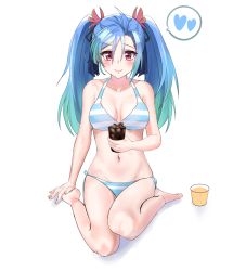 Rule 34 | 1girl, aqua hair, az sainklaus, barefoot, bikini, blue bikini, blue hair, blush, breasts, busasu, cleavage, collarbone, commission, cup, gradient hair, heart, highres, holding, holding cup, ice, looking at viewer, medium breasts, multicolored hair, navel, red eyes, sitting, smile, solo, spoken heart, super robot wars, super robot wars 30, swimsuit, twintails